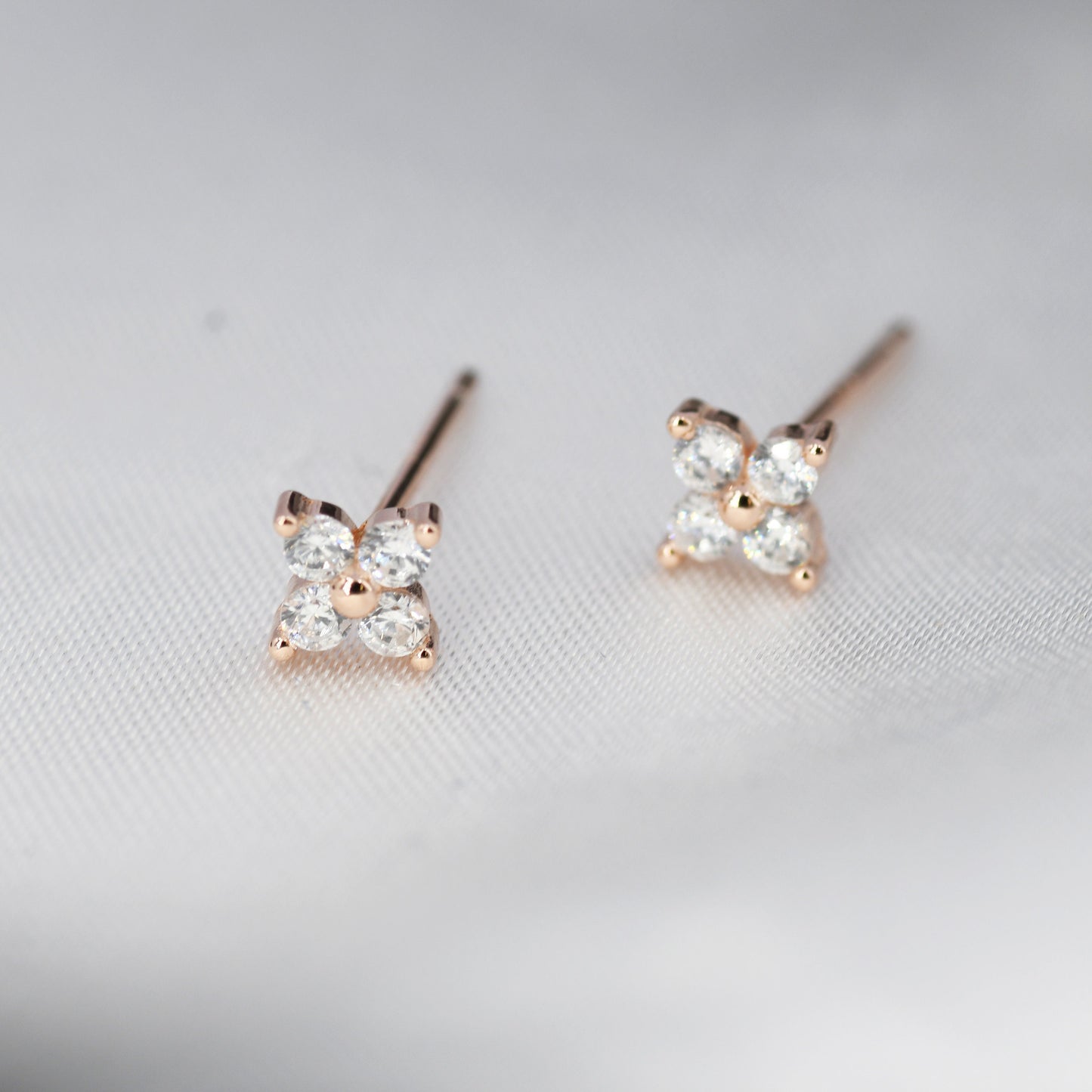 CZ Flower Stud Earrings in Sterling Silver, Rose Gold Over Sterling Silver, Hydrangea Flower Earrings, Four CZ Earrings