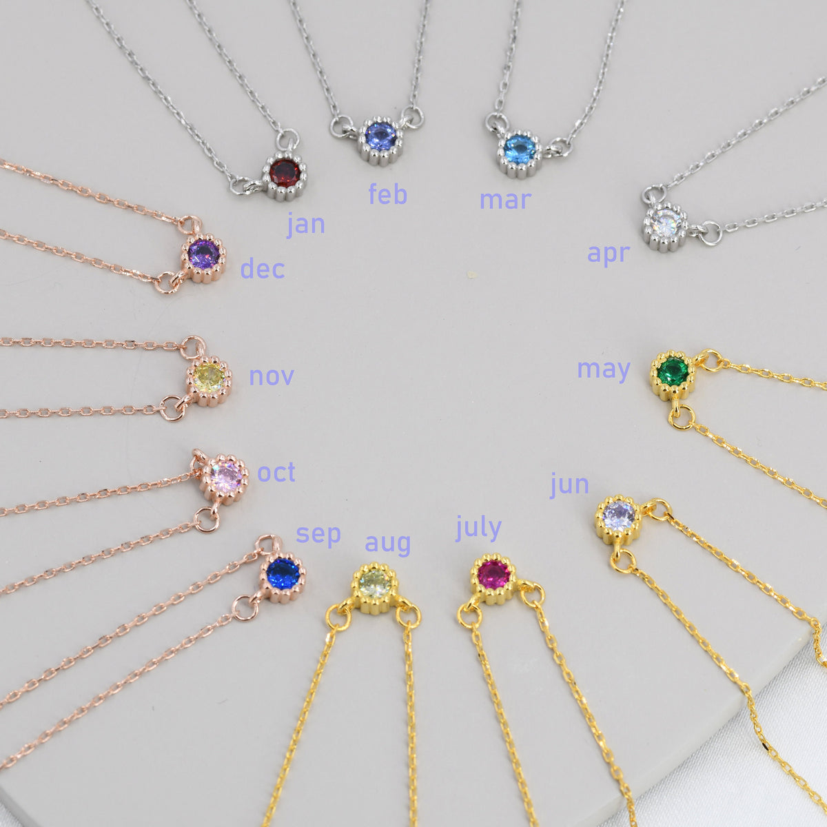 Sterling Silver Tiny Birthstone Necklace with CZ Crystals, Silver, Gold or Rose Gold, 3mm Extra Tiny CZ Necklace