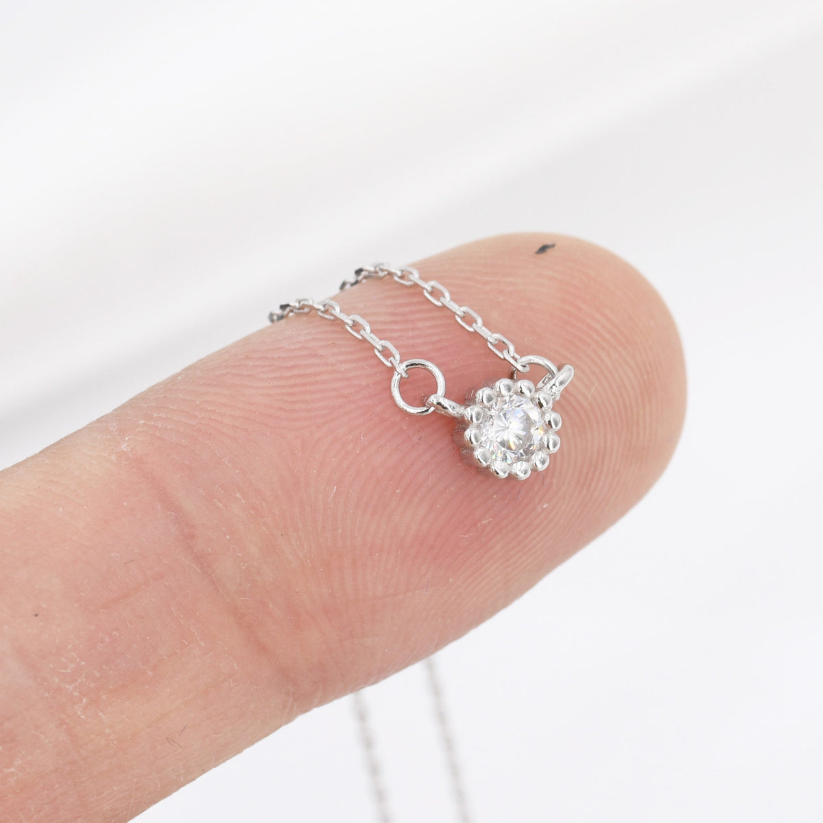 Sterling Silver Tiny Birthstone Necklace with CZ Crystals, Silver, Gold or Rose Gold, 3mm Extra Tiny CZ Necklace