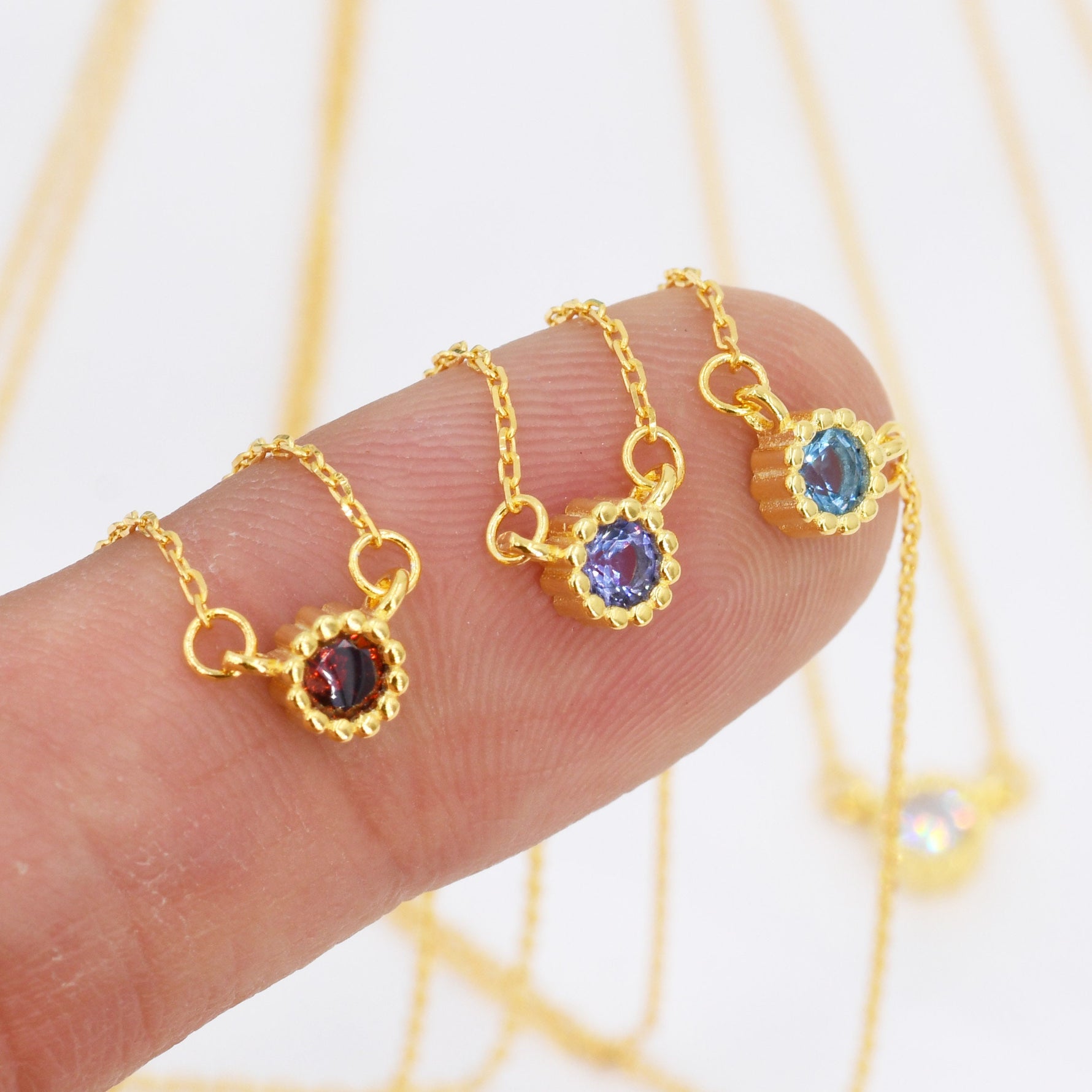 Sterling Silver Tiny Birthstone Necklace with CZ Crystals, Silver, Gold or Rose Gold, 3mm Extra Tiny CZ Necklace