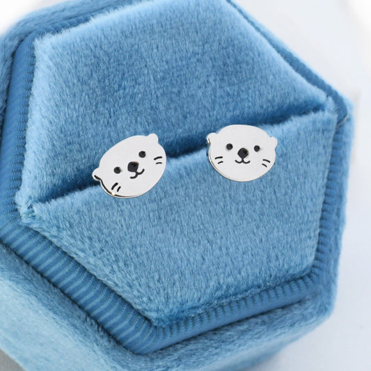 Otter Stud Earrings in Sterling Silver, Otter Head Earrings, Nature Inspired Animal Earrings