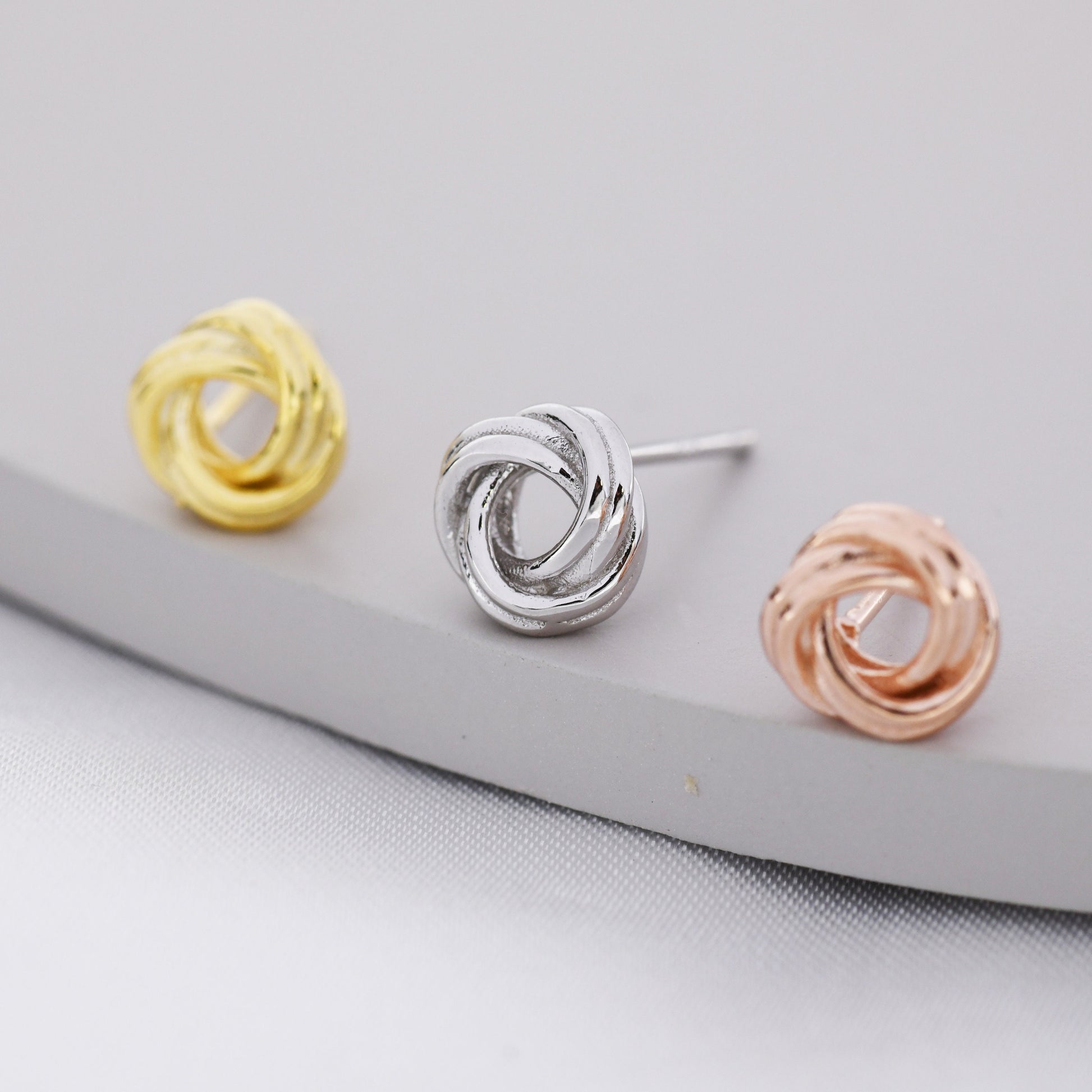 Sterling Silver Love Knot Stud Earrings, Also in Gold Finish or Rose Gold Finish, Dainty Knot Earrings, Bridesmaid's Jewellery
