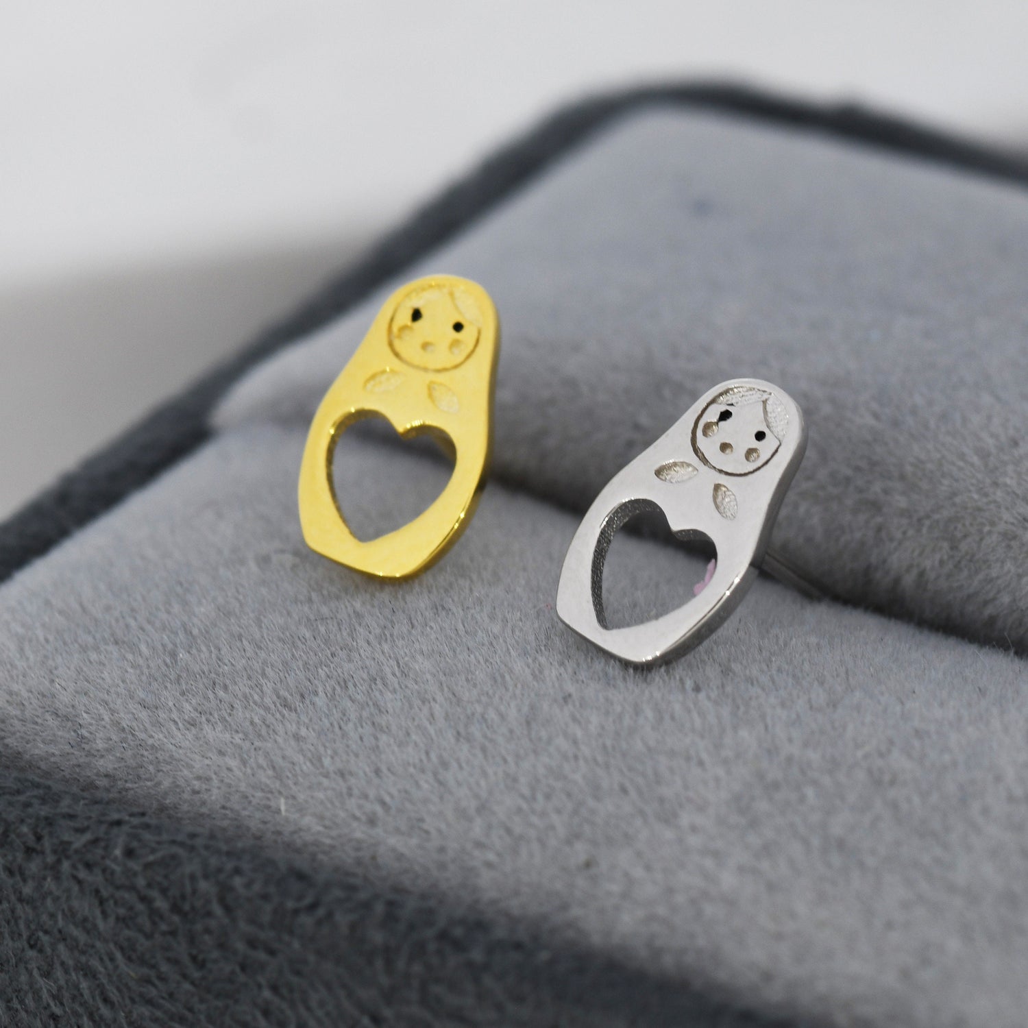 Sterling Silver Nesting Doll Stud Earrings, Silver Finish or Gold Finish, Nesting Doll Earrings