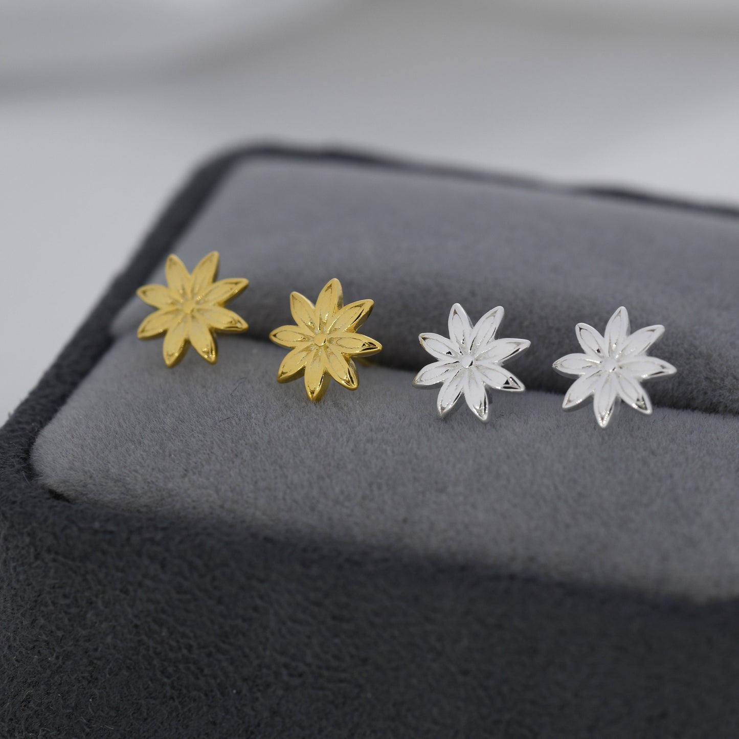 Star Anise Stud Earrings in Sterling Silver, Silver or Gold, Flower Earrings