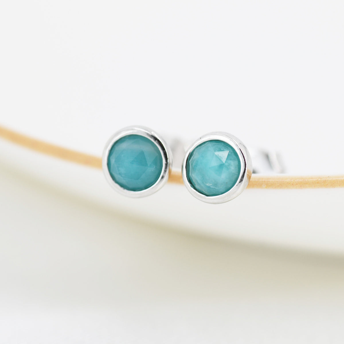 Sterling Silver Amazonite Stud Earrings, 4mm Rose Cut, Genuine tiny Amazonite Gemstone Stud, Bezel, Minimalist Style