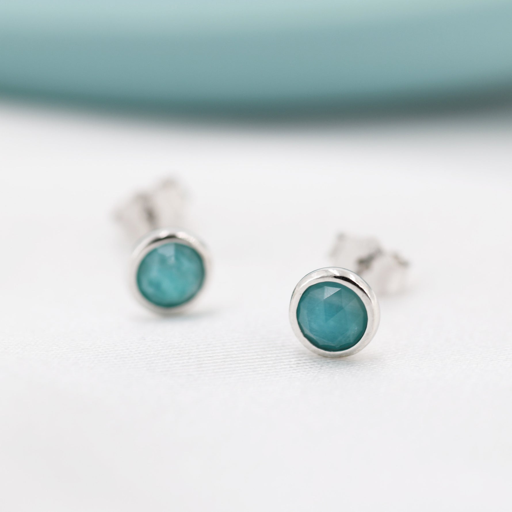 Sterling Silver Amazonite Stud Earrings, 4mm Rose Cut, Genuine tiny Amazonite Gemstone Stud, Bezel, Minimalist Style