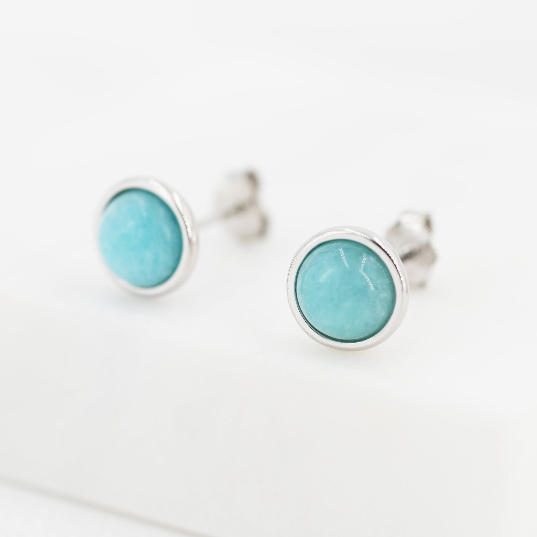 Sterling Silver Amazonite Stud Earrings, 5mm, Genuine Amazonite Gemstone Stud, Bezel, Minimalist Style