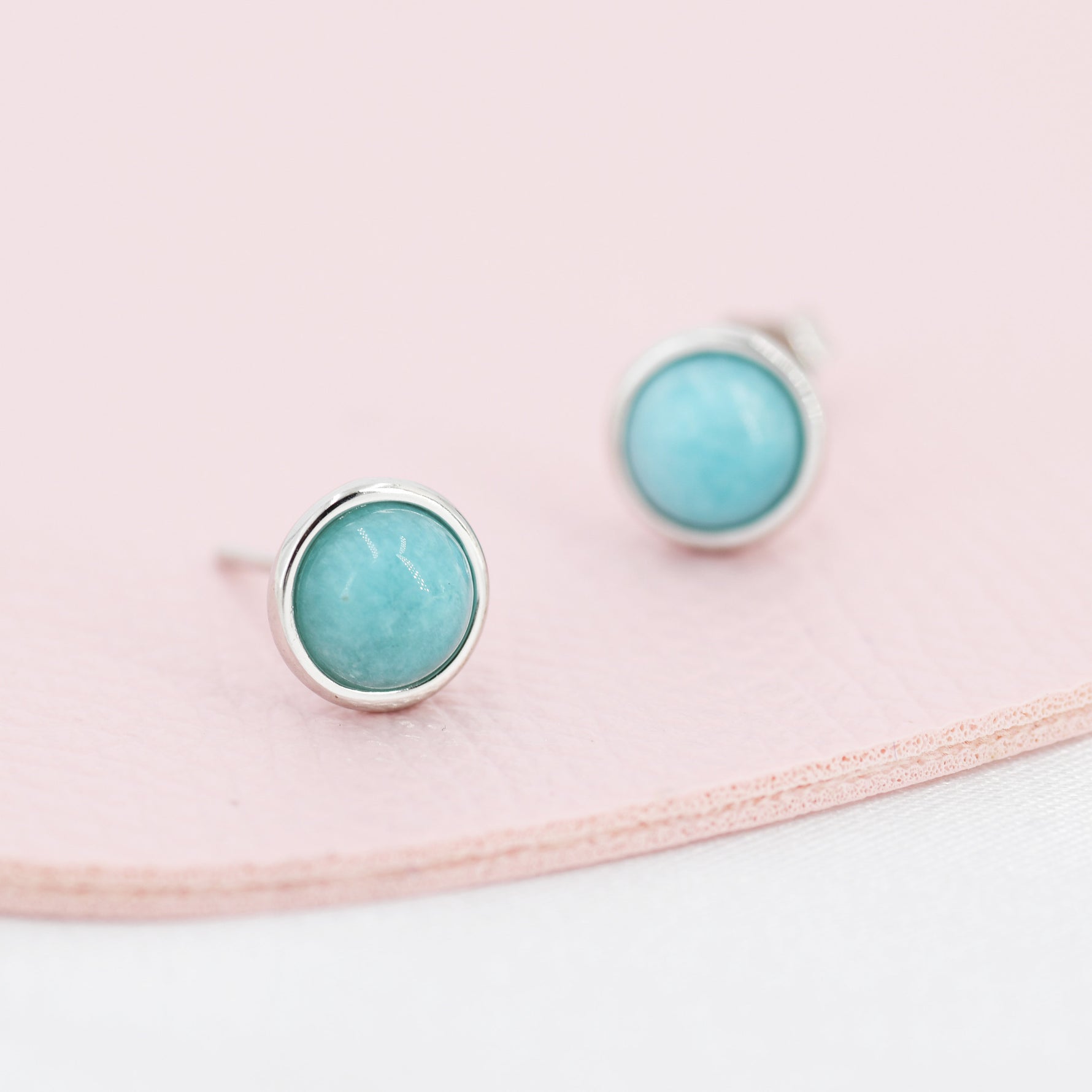 Sterling Silver Amazonite Stud Earrings, 5mm, Genuine Amazonite Gemstone Stud, Bezel, Minimalist Style