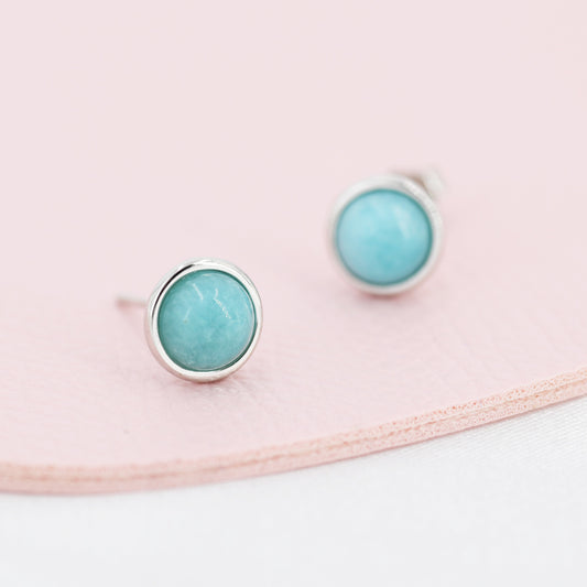 Sterling Silver Amazonite Stud Earrings, 5mm or 6mm, Genuine Amazonite Gemstone Stud, Bezel, Minimalist Style