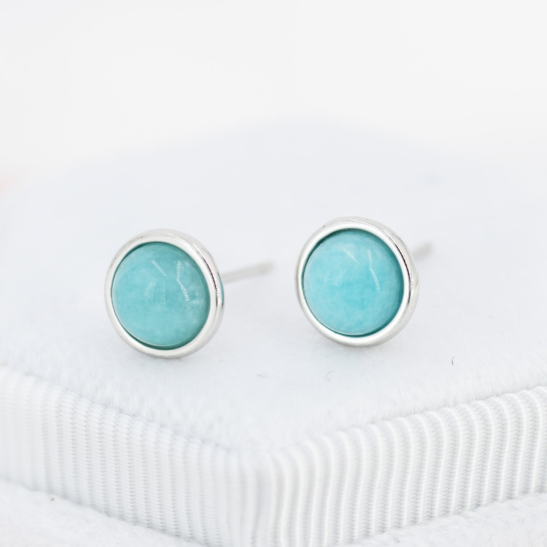Sterling Silver Amazonite Stud Earrings, 5mm, Genuine Amazonite Gemstone Stud, Bezel, Minimalist Style