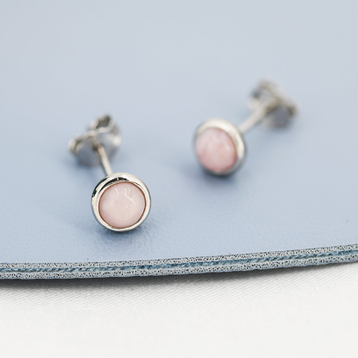 Sterling Silver Pale Pink Opal Tiny Stud Earrings, Genuine Pink Opal Stud, Natural Semi-Precious Gemstones, 4mm, Bezel, Minimalist Earrings