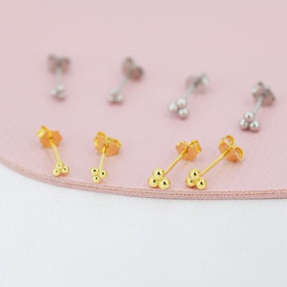 Extra Tiny Three Ball Stud Earrings in Sterling Silver, Gold or Silver, Very Small Earrings, Stacking Earrings