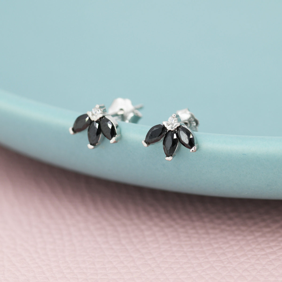 Sterling Silver Black CZ Marquise Cluster Stud Earrings, Gold or Silver, Marquise Fan Stud, CZ Crown Stud, Three Marquise Stud