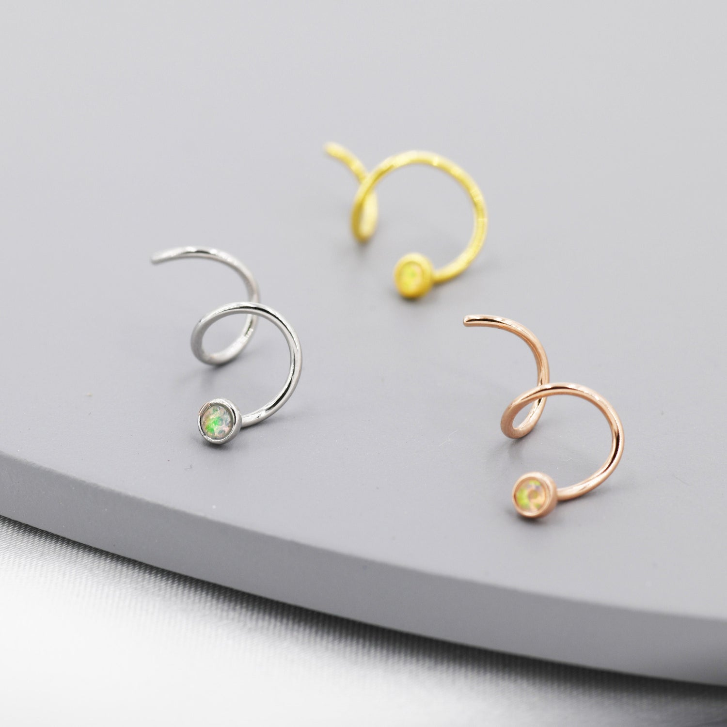 Double Spiral Opal Earring in Sterling Silver, For Double Pierced Ears, Double Piercing Earrings, Spiral Hoops with Tiny Opals