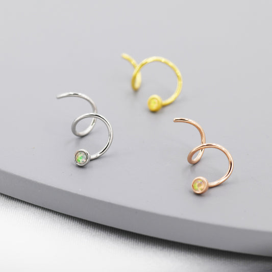 Double Spiral Opal Earring in Sterling Silver, For Double Pierced Ears, Double Piercing Earrings, Spiral Hoops with Tiny Opals