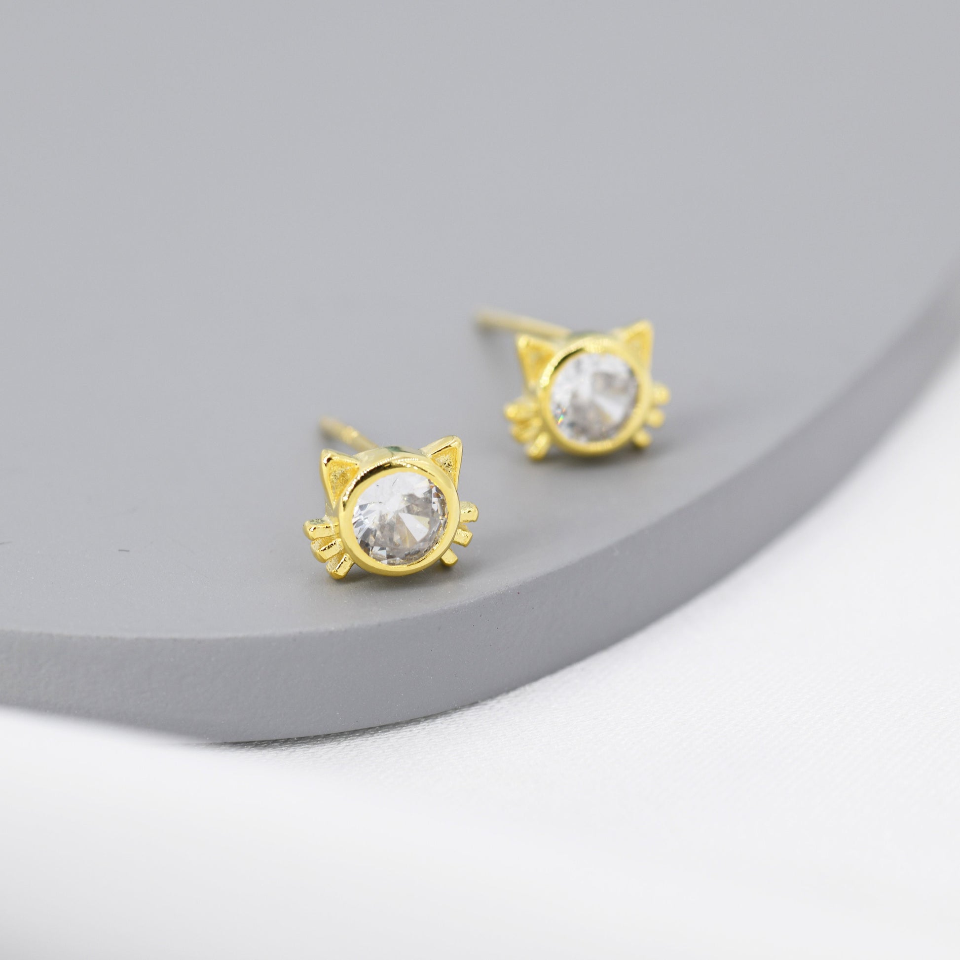 CZ Cat Stud Earrings in Sterling Silver, Silver or Gold, Cat Lover Earrings, Minimalist Cat Earrings, Nature Inspired Animal Earrings