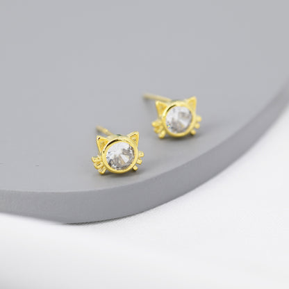 CZ Cat Stud Earrings in Sterling Silver, Silver or Gold, Cat Lover Earrings, Minimalist Cat Earrings, Nature Inspired Animal Earrings