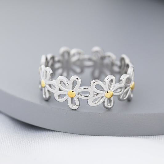 Forget-me-not Flower Infinity Ring in Sterling Silver, Flower Ring, Silver and Gold Floral Ring, US 5-8