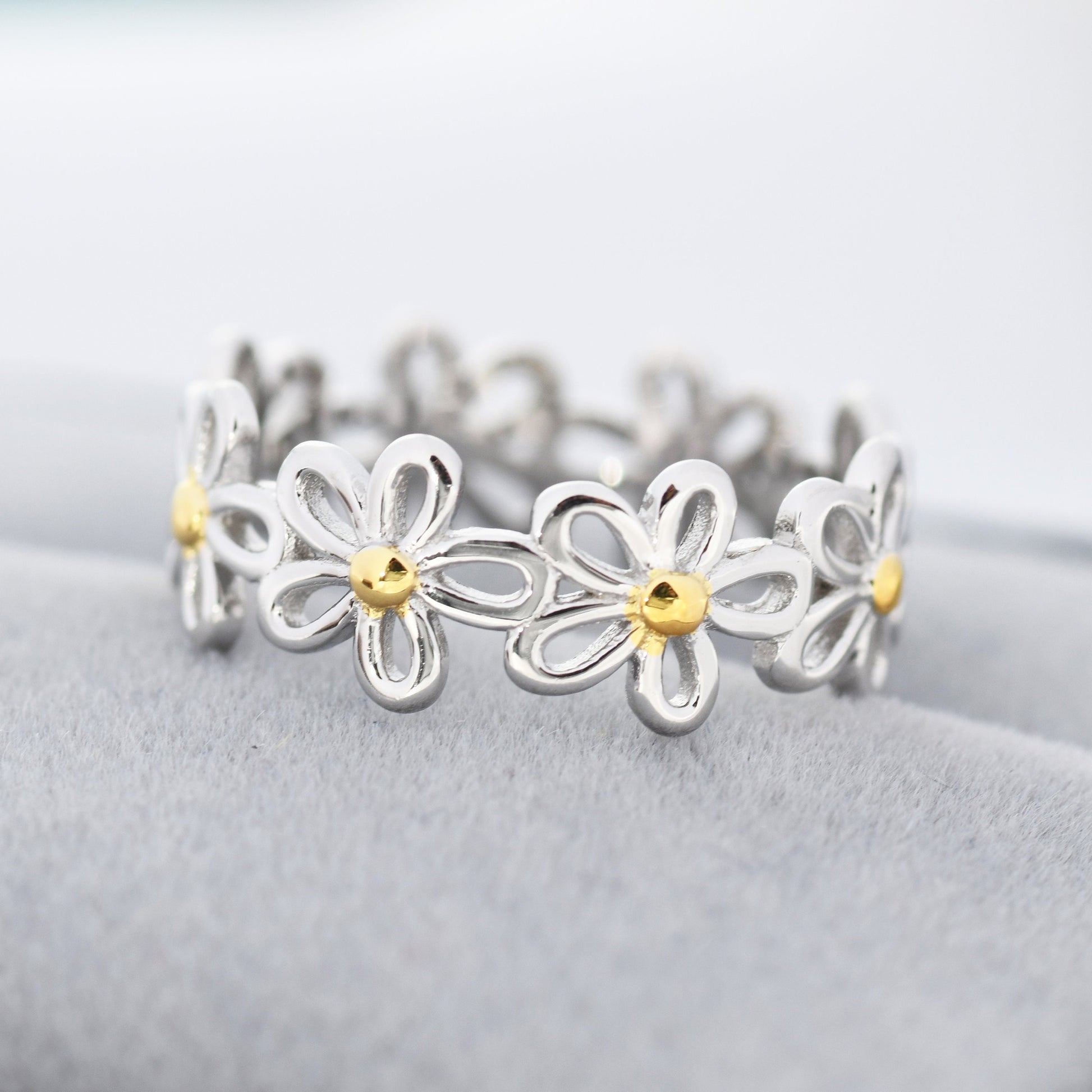Forget-me-not Flower Infinity Ring in Sterling Silver, Flower Ring, Silver and Gold Floral Ring, US 5-8