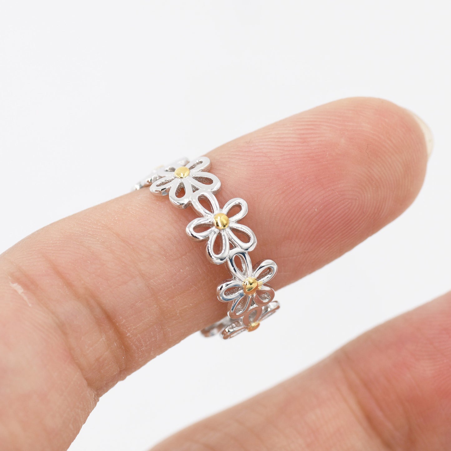 Forget-me-not Flower Infinity Ring in Sterling Silver, Flower Ring, Silver and Gold Floral Ring, US 5-8