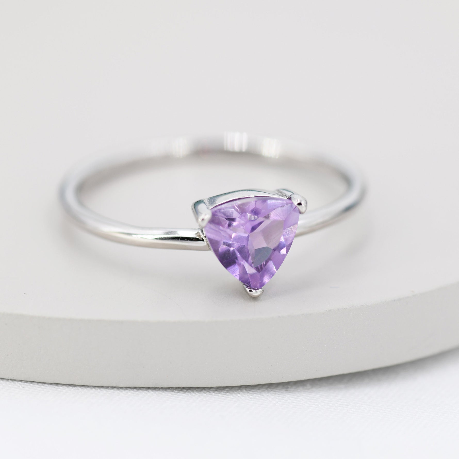 Genuine Amethyst Ring in Sterling Silver, Natural Trillion Cut Amethyst Stone Ring, Stacking Rings, US 5-8