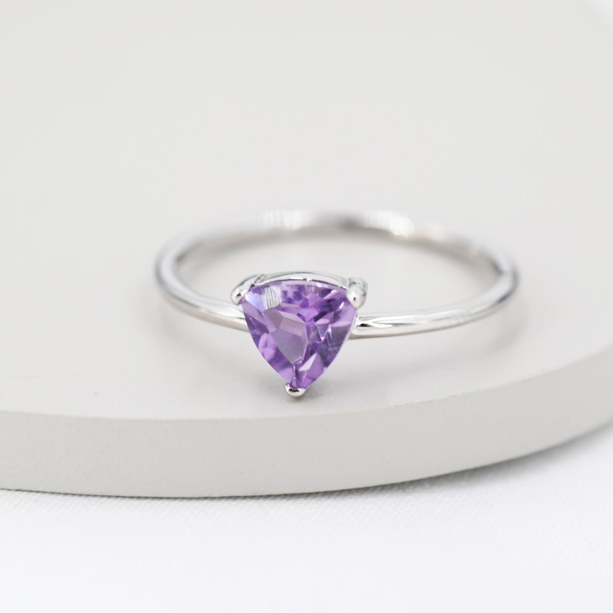 Genuine Amethyst Ring in Sterling Silver, Natural Trillion Cut Amethyst Stone Ring, Stacking Rings, US 5-8