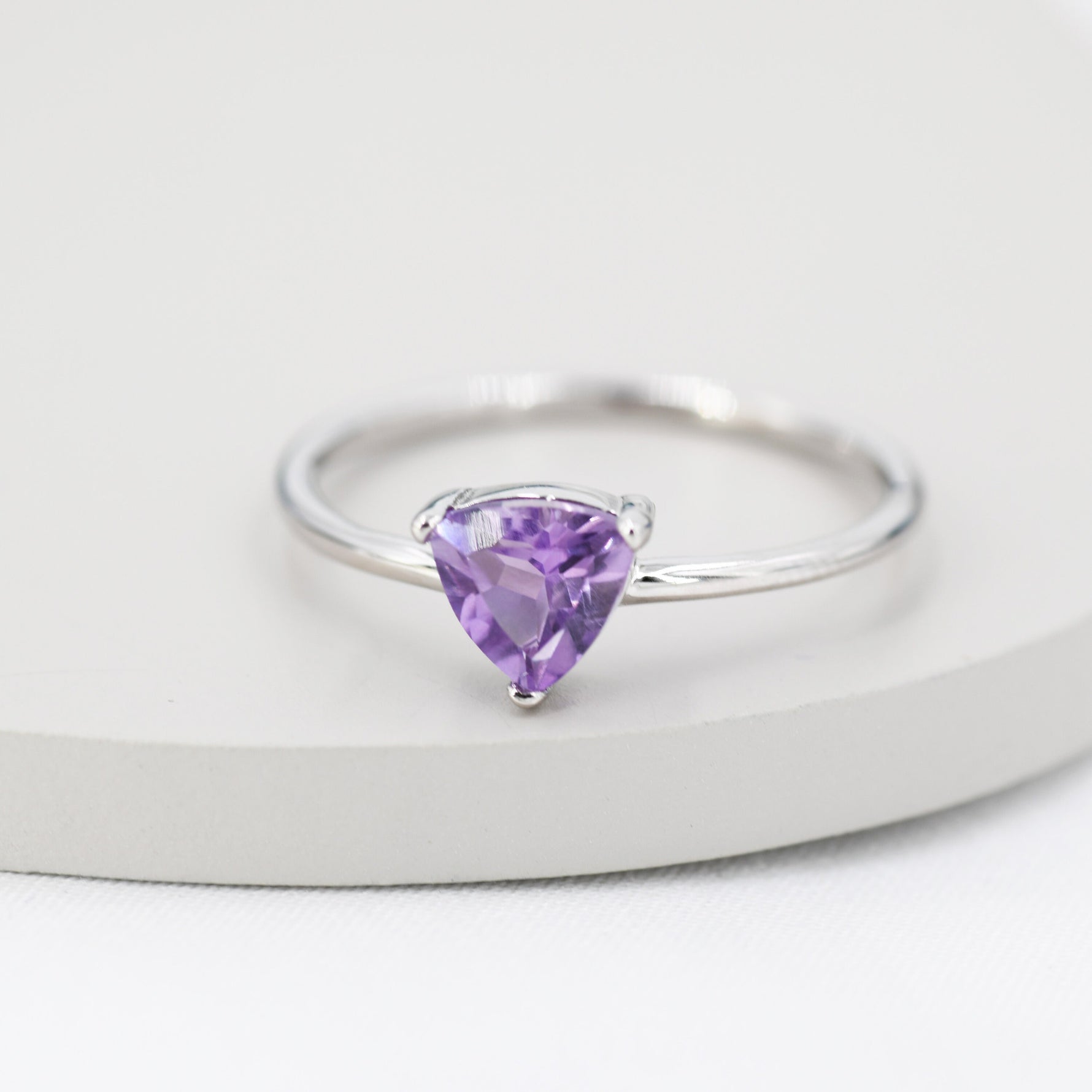 Genuine Amethyst Ring in Sterling Silver, Natural Trillion Cut Amethyst Stone Ring, Stacking Rings, US 5-8