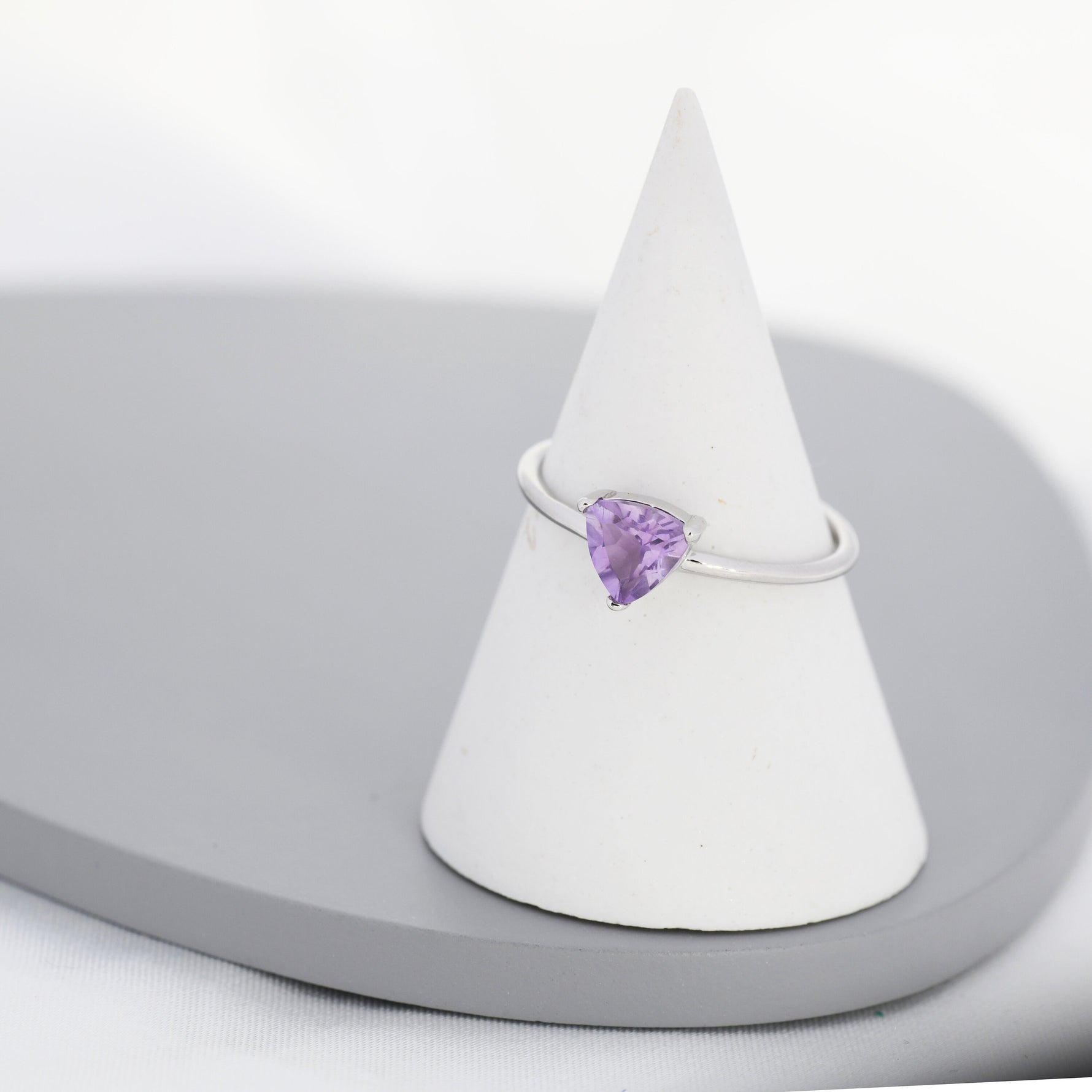 Genuine Amethyst Ring in Sterling Silver, Natural Trillion Cut Amethyst Stone Ring, Stacking Rings, US 5-8