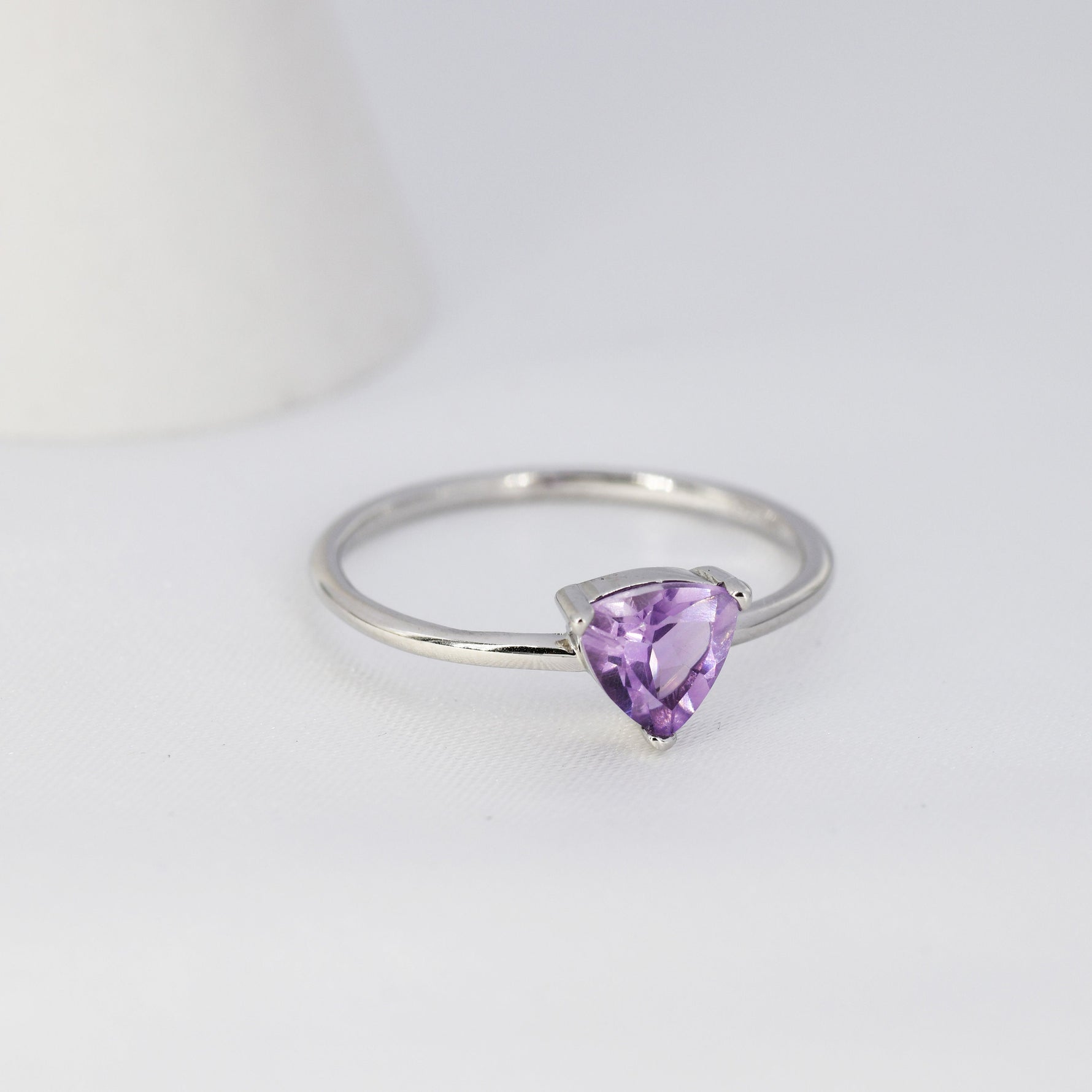 Genuine Amethyst Ring in Sterling Silver, Natural Trillion Cut Amethyst Stone Ring, Stacking Rings, US 5-8