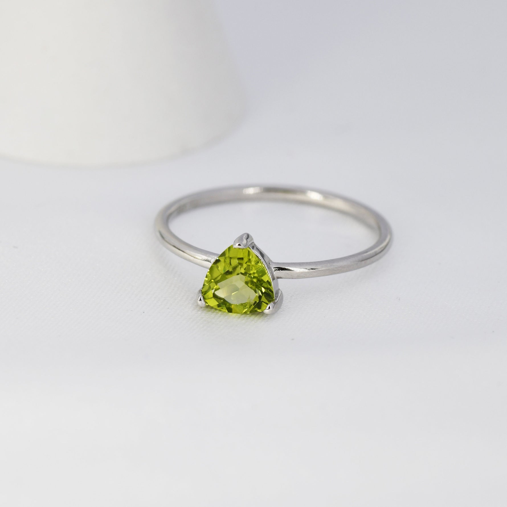 Genuine Peridot Ring in Sterling Silver, Natural Trillion Cut Peridot Stone Ring, Stacking Rings, US 5-8