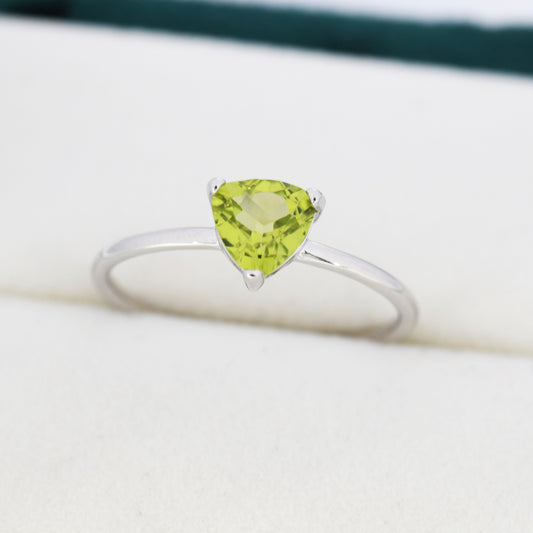 Genuine Peridot Ring in Sterling Silver, Natural Trillion Cut Peridot Stone Ring, Stacking Rings, US 5-8