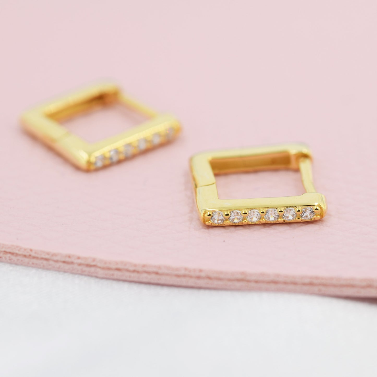 CZ Pave Square Huggie Hoop in Sterling Silver, Skinny Geometric Hoop Earrings, Gold or Silver, 8mm Minimalist Hoops