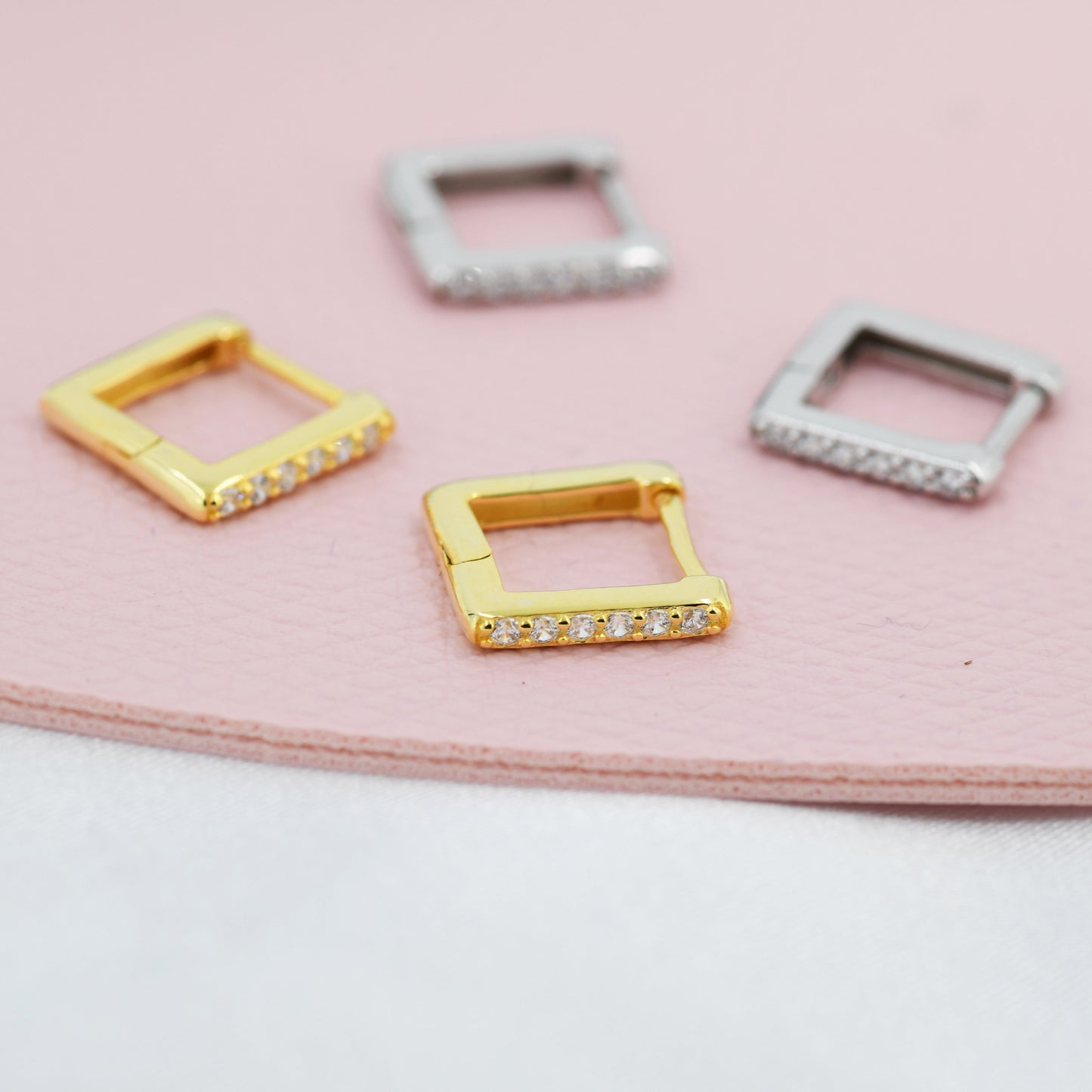 CZ Pave Square Huggie Hoop in Sterling Silver, Skinny Geometric Hoop Earrings, Gold or Silver, 8mm Minimalist Hoops