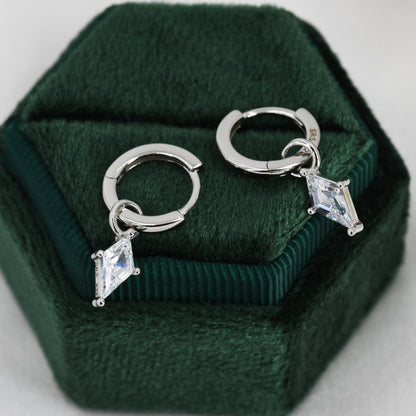 Rhombus CZ Huggie Hoop Earrings in Sterling Silver, Silver or Gold, Kite Shape Crystal Earrings,  Interchangeable and detachable