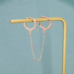 Sterling Silver Double Piercing Huggie Hoop Earrings with Linking Chain, Chained Hoop Earring, Linked Hoops, Double Piercing Hoops