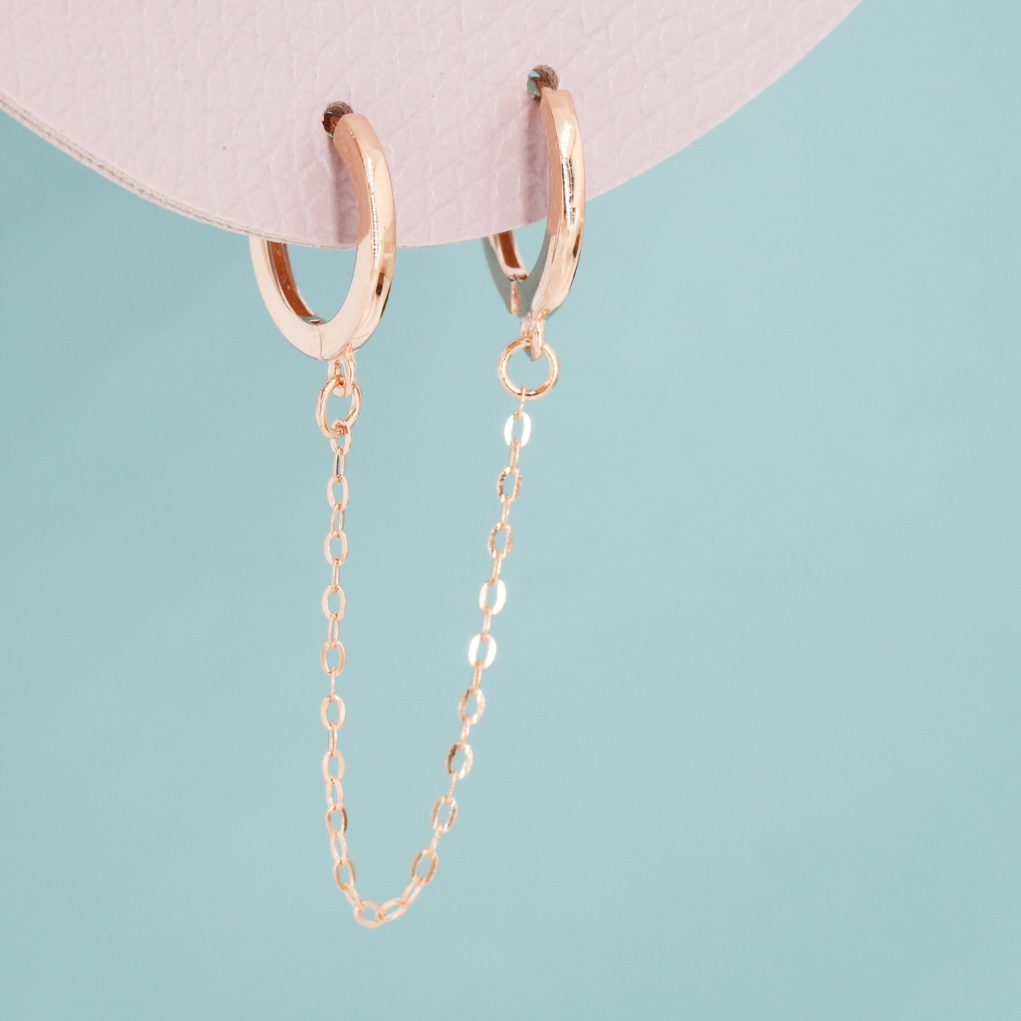 Double Piercing Huggie Hoop Earrings with Chain, Chained Hoop Earrings, Linked Hoops, Linked Hoops