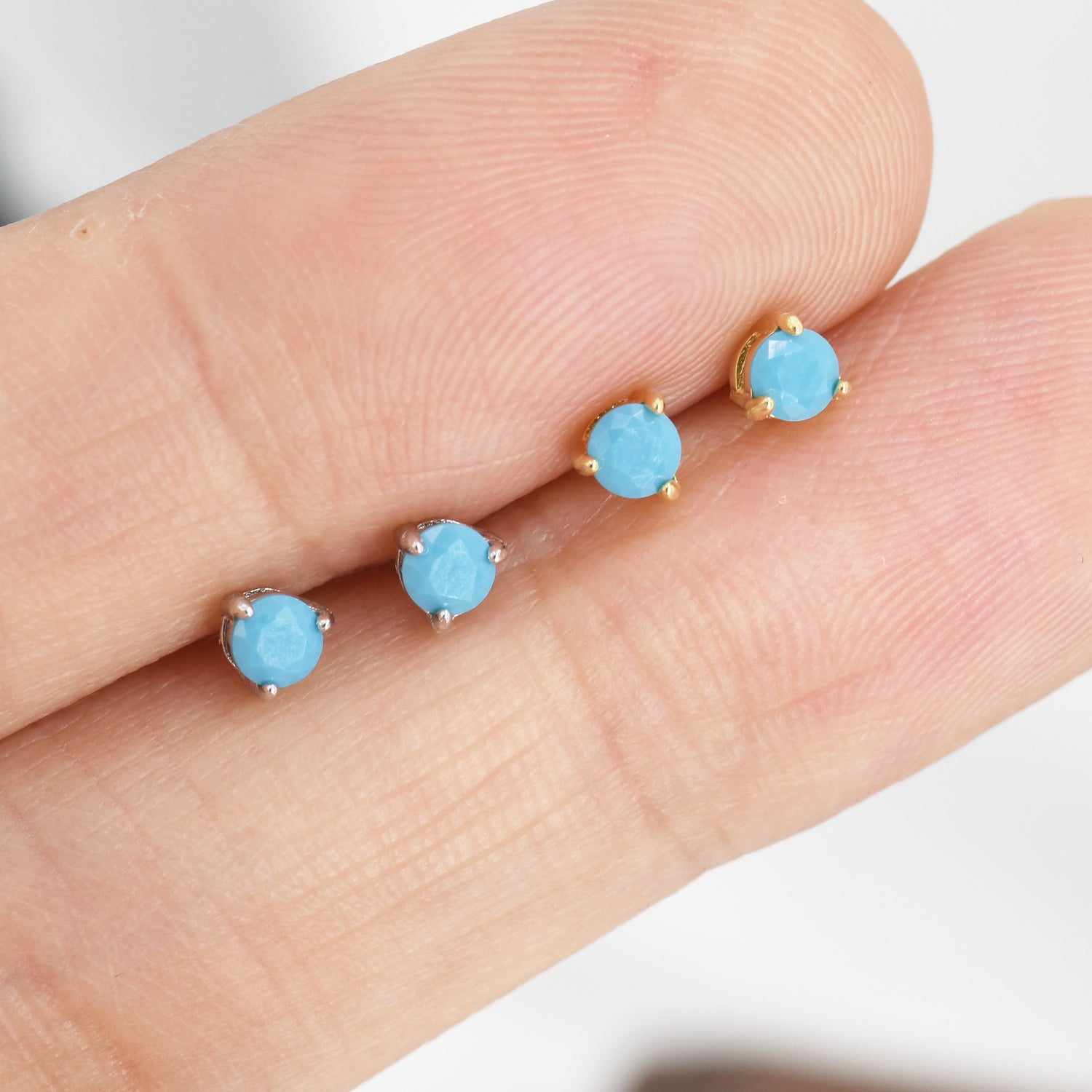 Tiny Turquoise CZ Stud Earrings in Sterling Silver, Silver or Gold, 3mm, Three Prong, Blue Stacking Earrings