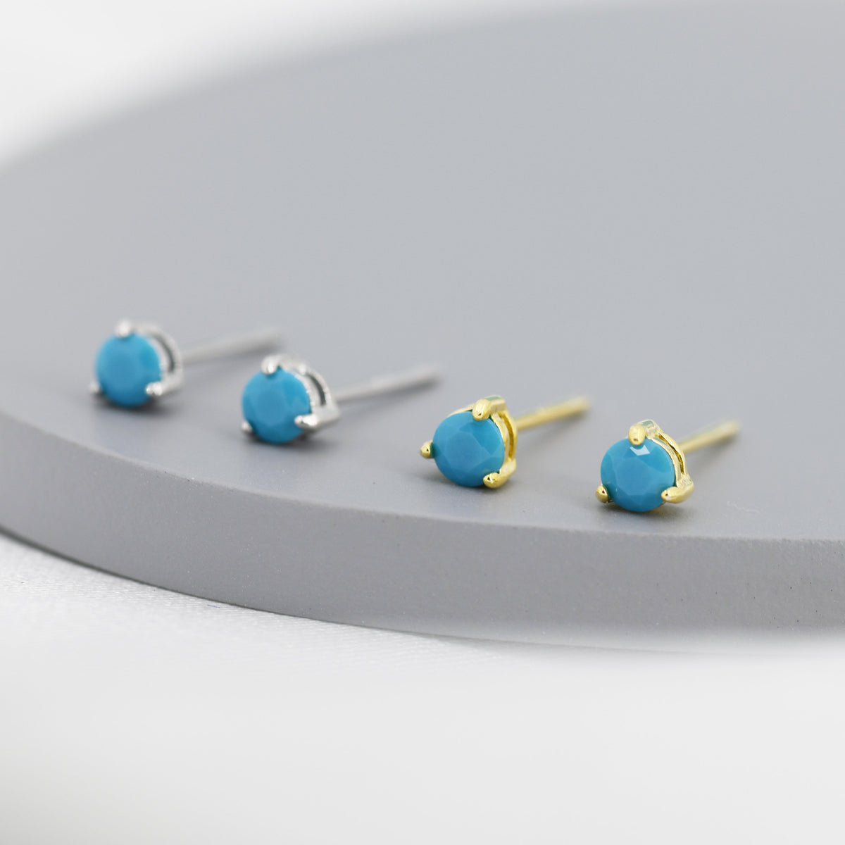 Tiny Turquoise CZ Stud Earrings in Sterling Silver, Silver or Gold, 3mm, Three Prong, Blue Stacking Earrings