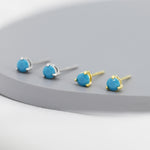 Tiny Turquoise CZ Stud Earrings in Sterling Silver, Silver or Gold, 3mm, Three Prong, Blue Stacking Earrings