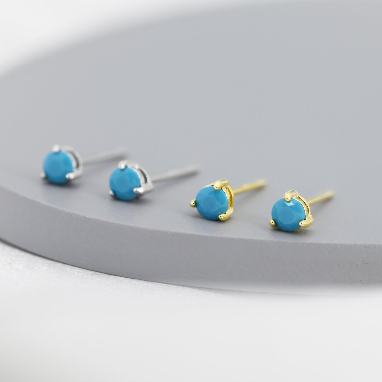 Tiny Turquoise CZ Stud Earrings in Sterling Silver, Silver or Gold, 3mm, Three Prong, Blue Stacking Earrings