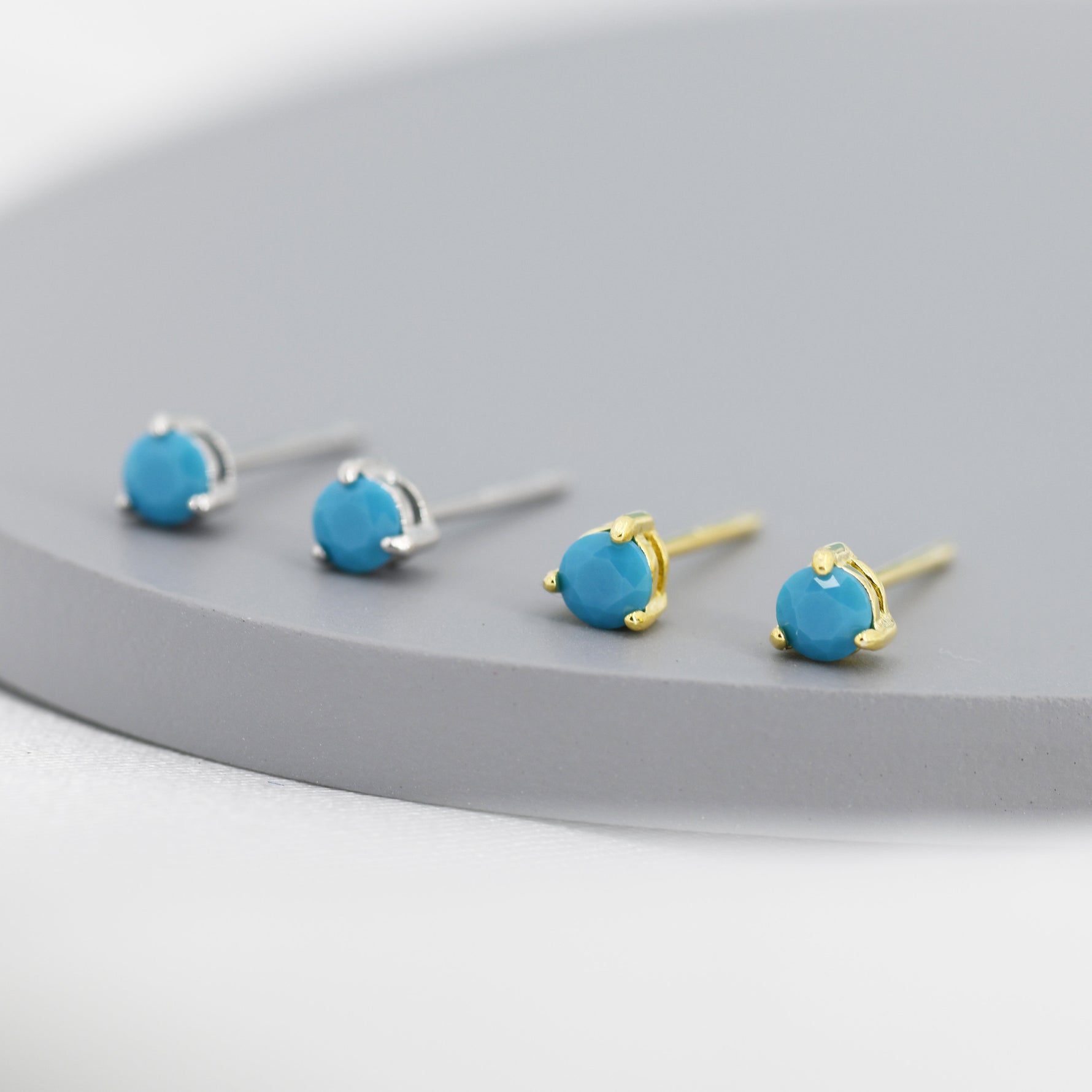 Tiny Turquoise CZ Stud Earrings in Sterling Silver, Silver or Gold, 3mm, Three Prong, Blue Stacking Earrings