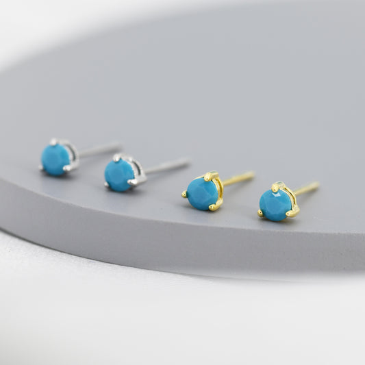 Tiny Turquoise CZ Stud Earrings in Sterling Silver, Silver or Gold, 3mm, Three Prong, Blue Stacking Earrings