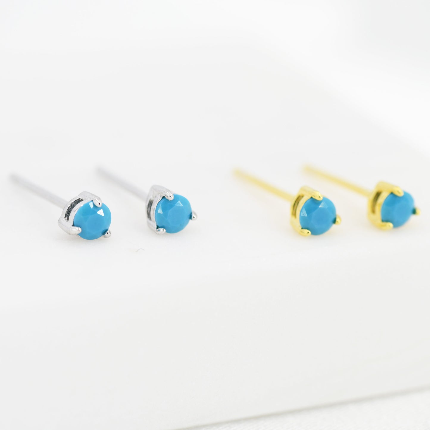 Tiny Turquoise CZ Stud Earrings in Sterling Silver, Silver or Gold, 3mm, Three Prong, Blue Stacking Earrings
