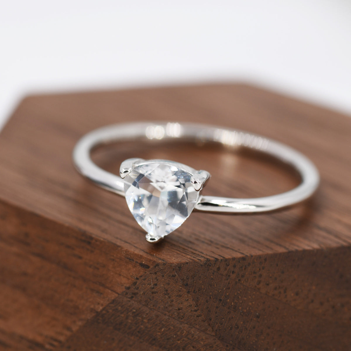 Genuine White Topaz Ring in Sterling Silver, Natural Trillion Cut Peridot Stone Ring, Stacking Rings, US 5-8