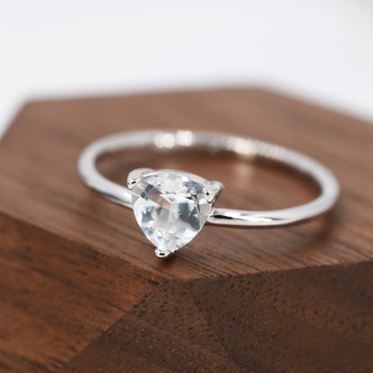 Genuine White Topaz Ring in Sterling Silver, Natural Trillion Cut Peridot Stone Ring, Stacking Rings, US 5-8