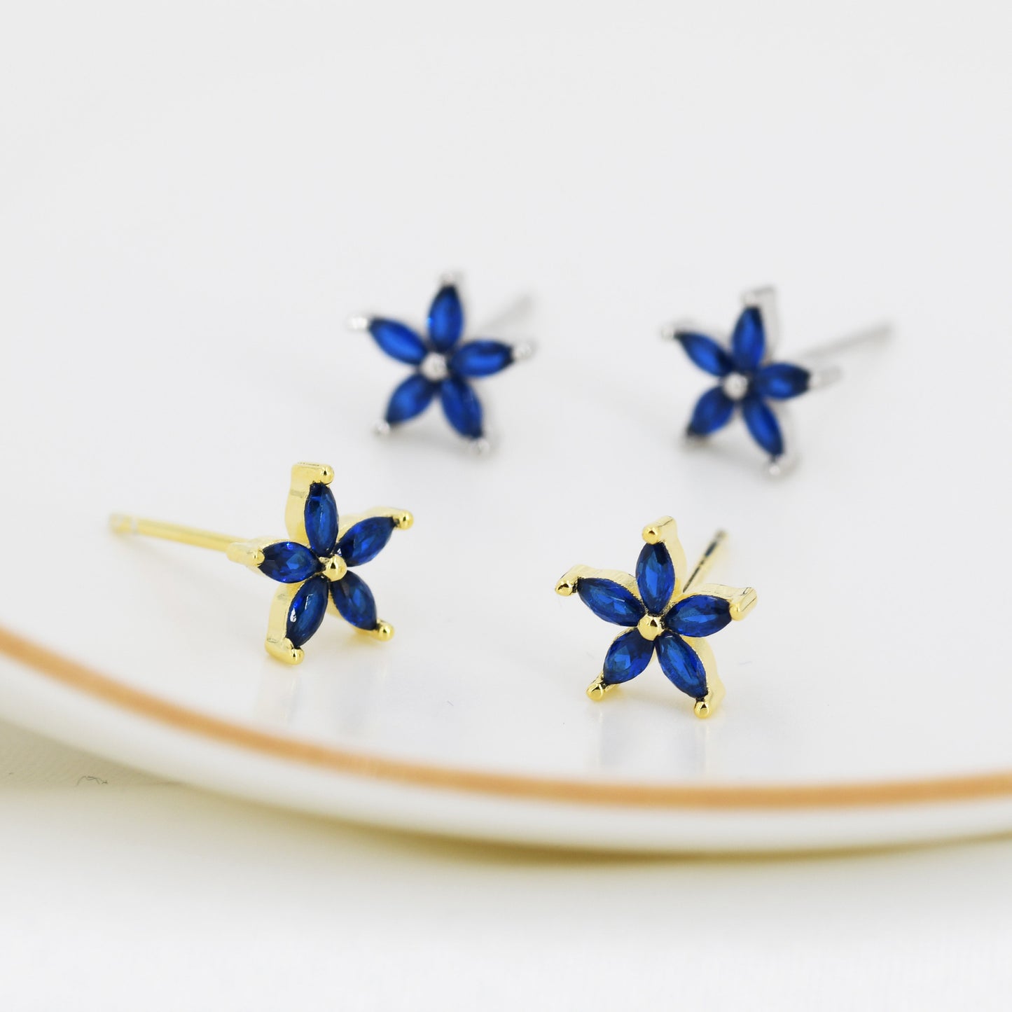 Sapphire Blue CZ Flower Stud Earrings in Sterling Silver, Silver or Gold, Forget-me-not Crystal Earrings