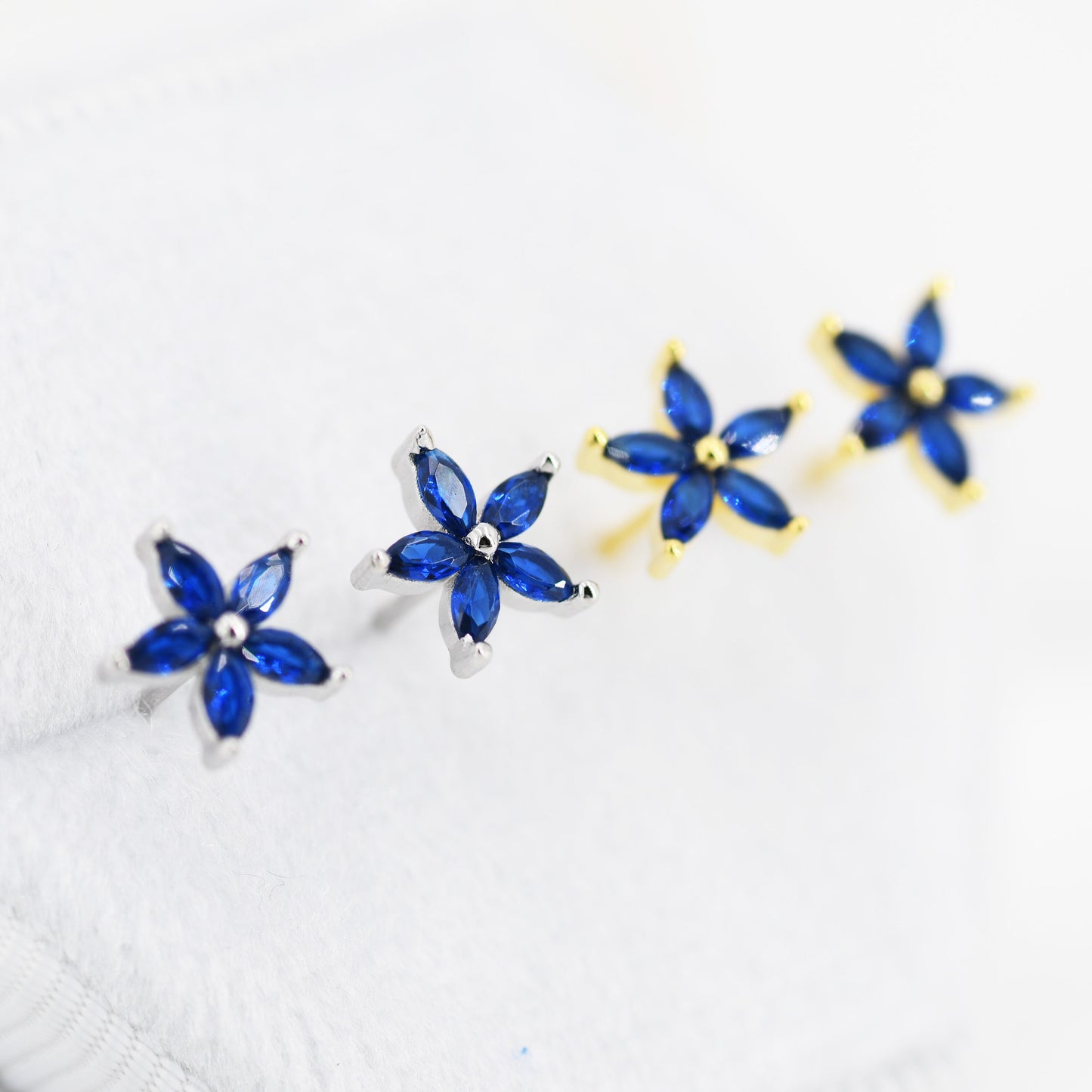 Sapphire Blue CZ Flower Stud Earrings in Sterling Silver, Silver or Gold, Forget-me-not Crystal Earrings