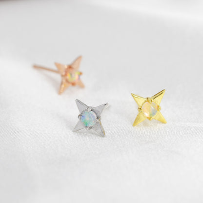 Star Opal Stud Earrings in Sterling Silver, Silver, Gold or Rose Gold, Four Point Star, Stacking Earrings