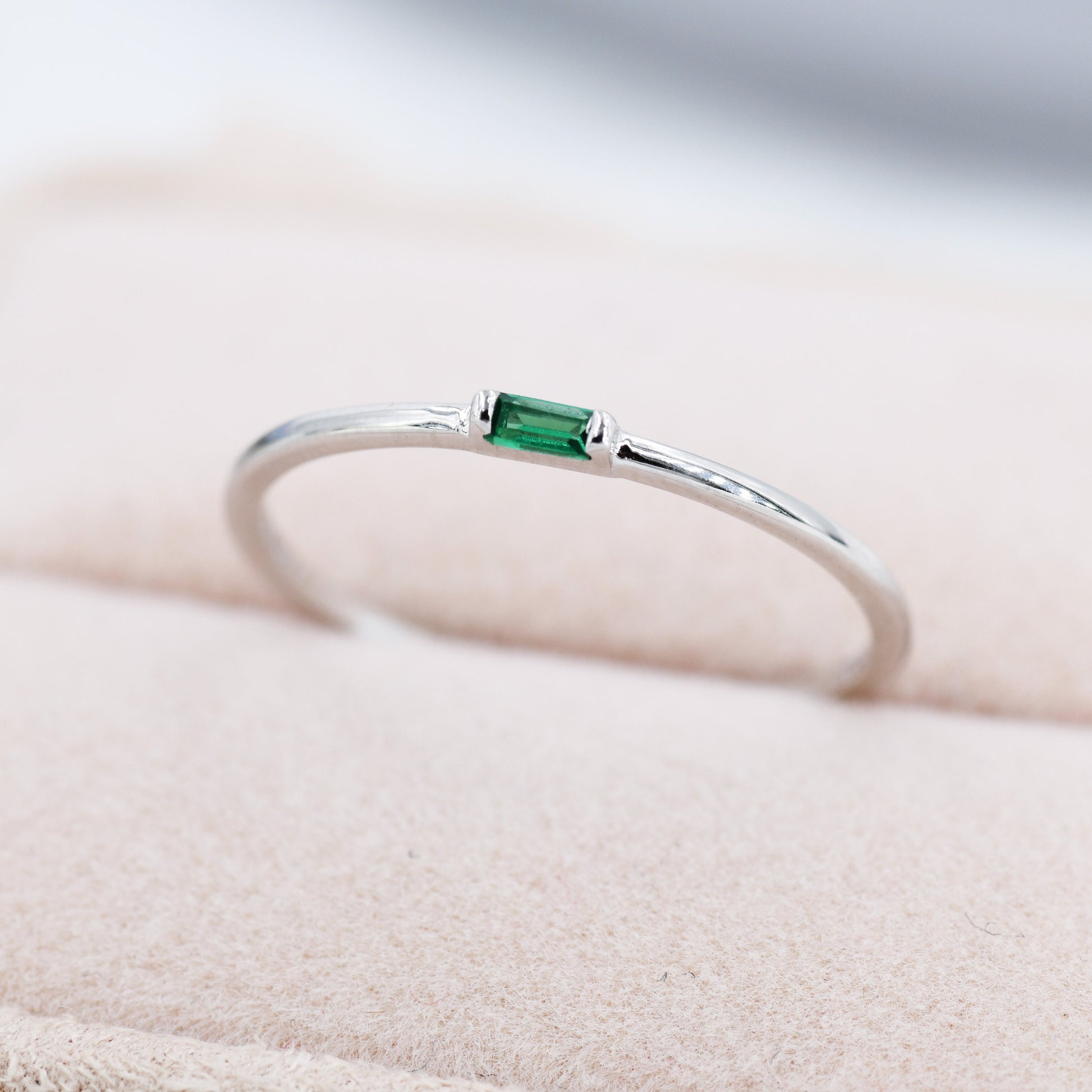 Emerald Green Baguette CZ Ring in Sterling Silver, Silver or Gold, Minimalist Single Baguette CZ Ring US 5 - 8
