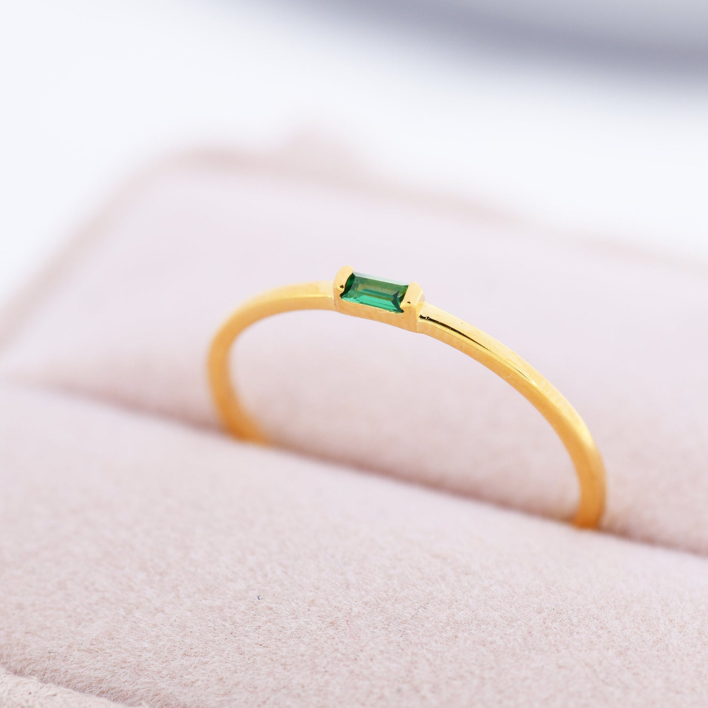 Emerald Green Baguette CZ Ring in Sterling Silver, Silver or Gold, Minimalist Single Baguette CZ Ring US 5 - 8